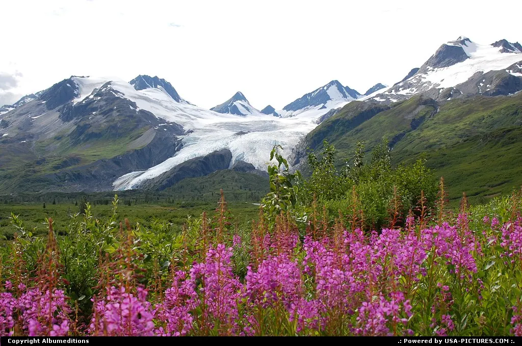 The Worthington Glacier flows steeply down the peak of the Girls Mountain in fingers th...