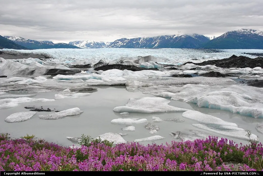 A labyrinth of icebergs in Lake George, a glacial lake formed near the face of Knik Gla...