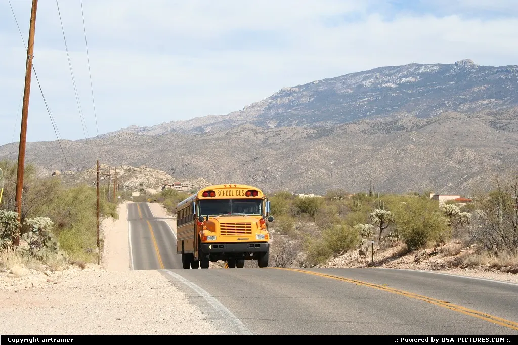 School bus on the road, with the Santa Catalina Mountains in the background.