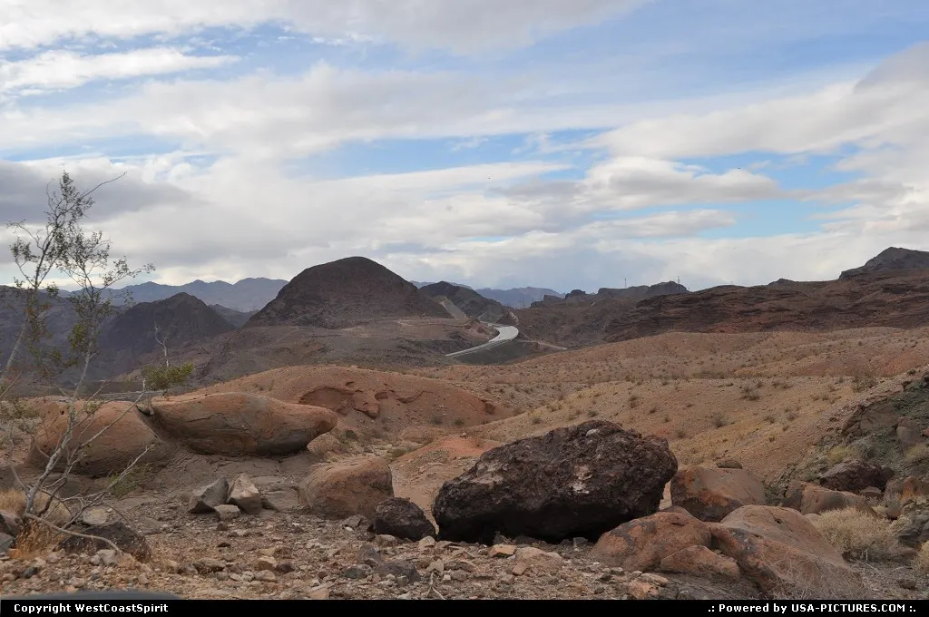 A portion of the new built Hoover Dam bypass road can be seen afar.