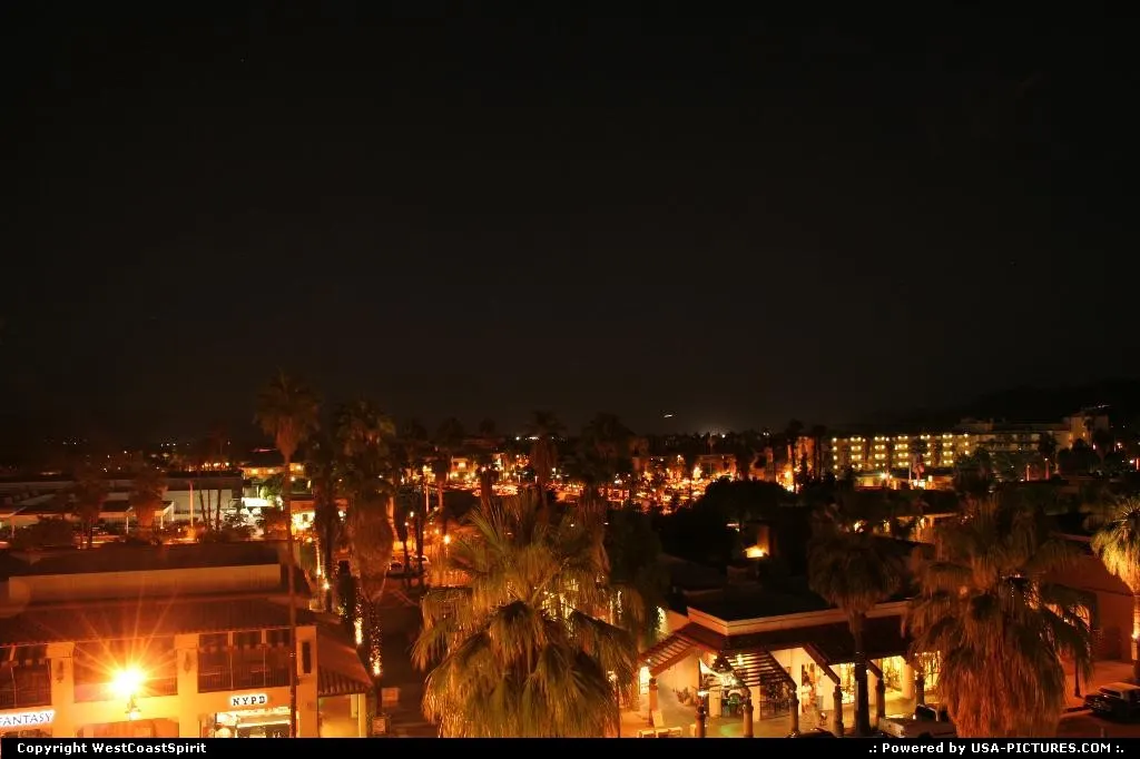 Downtown Palm Springs by night. Pretty hot, sunny weather this day.