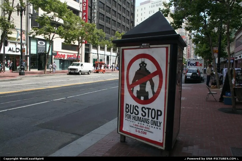 Only in San Francisco! Bus stop are here for humans only! On Market Street.