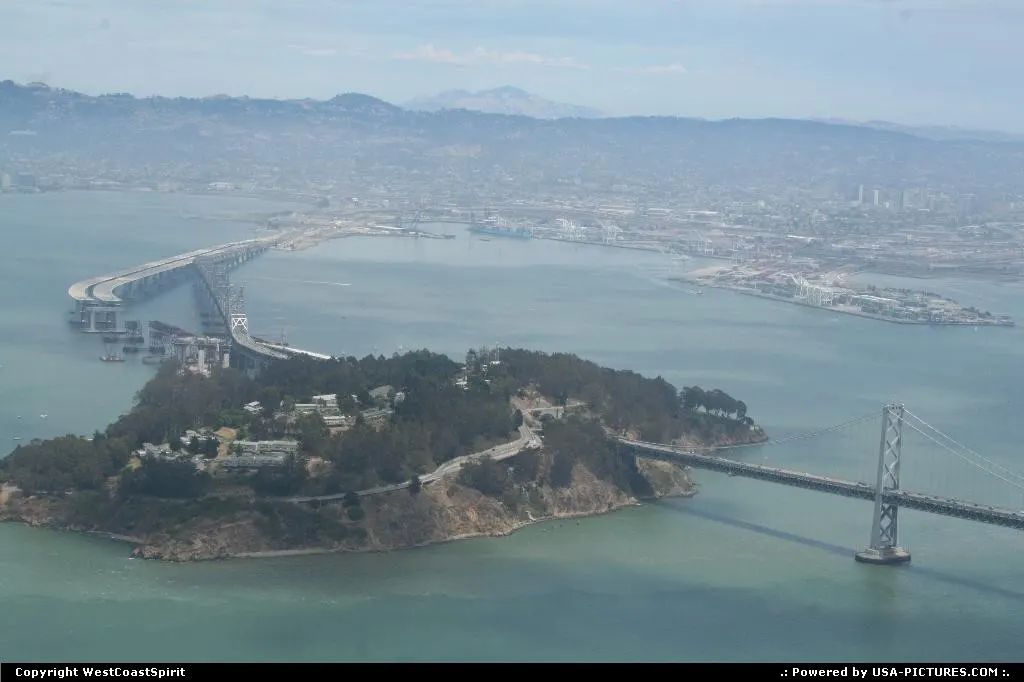 Yerba Buena Island between Oakland and San Francisco with Bay Bridge as a vital link in...