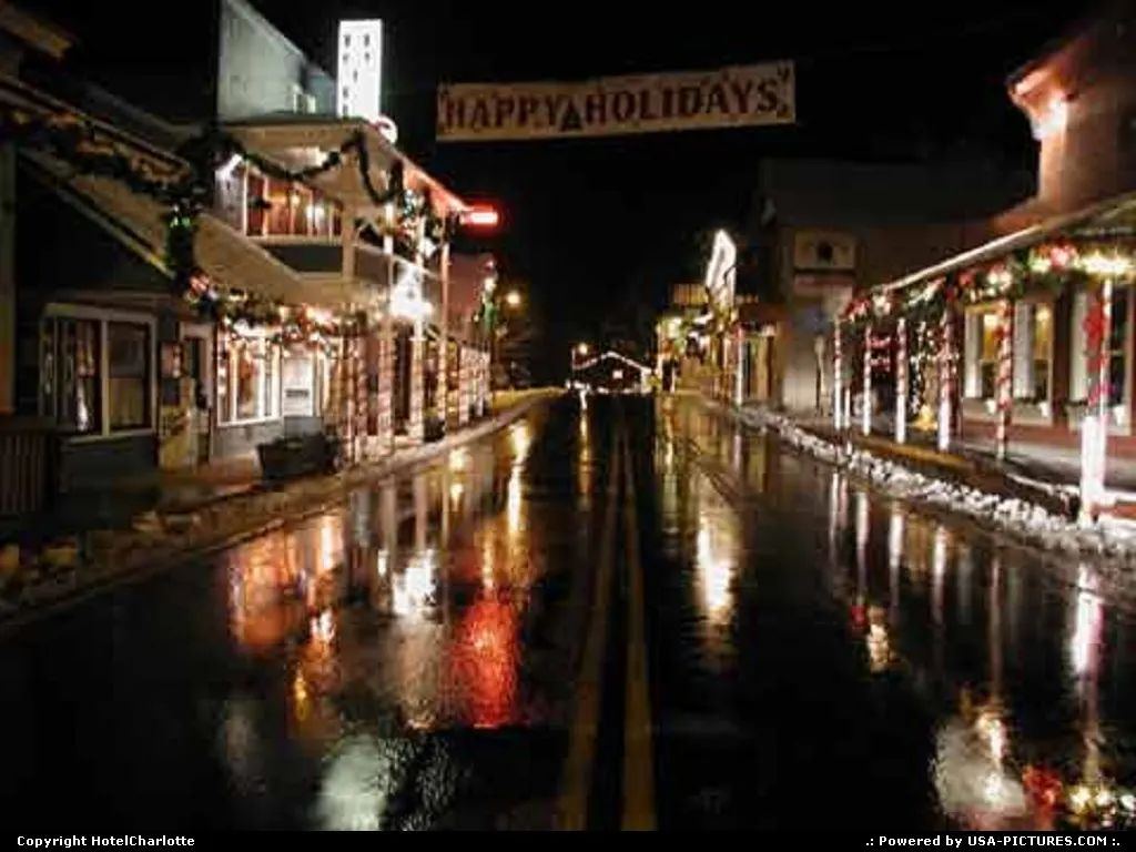Groveland at the Holidays night scene of Main Street after snowmelt