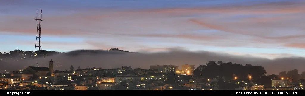 san francisco sunset, mist coming on the city from ocean