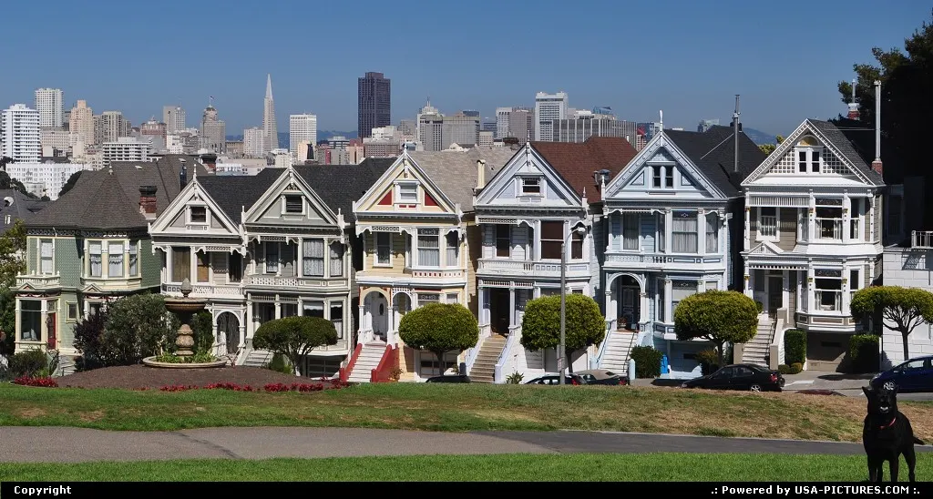 Painted Ladies in San Francisco with downtown/financial district afar.
