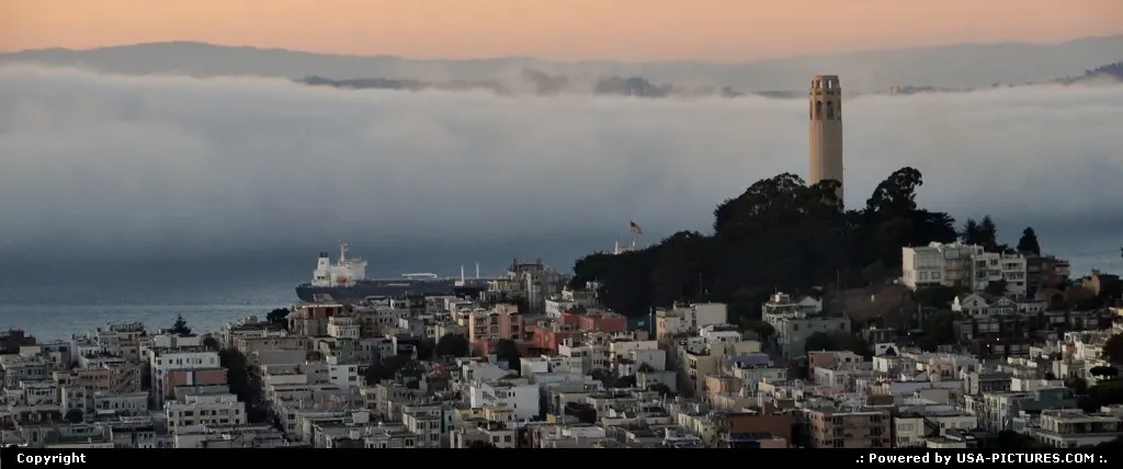Coit Tower as the bay is flooded by the seasonal fog. A cargo ship is sailing into.
