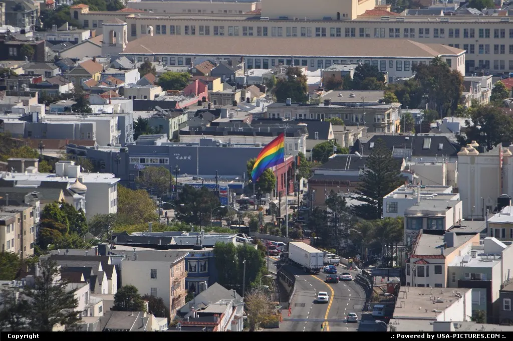 Castro neighbourhood and the massive iconic flag, seen here from Twin Peaks
