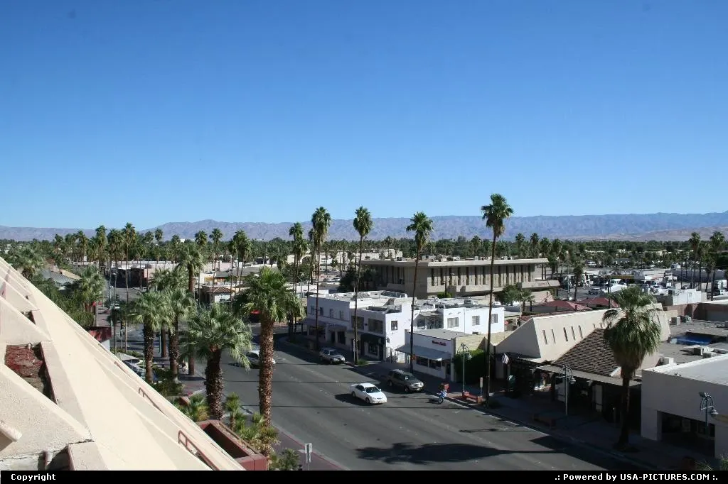 Downtown Palm Springs in the middle on the desert between Los Angeles and Las Vegas.