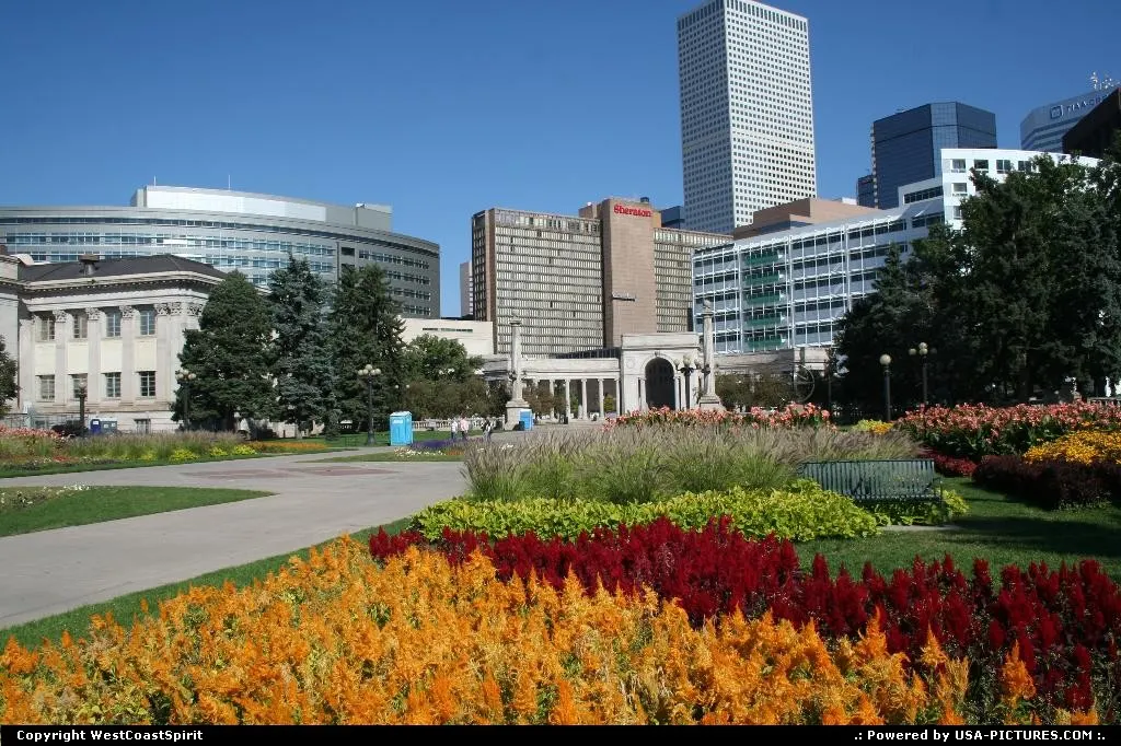 Denver's gorgeous and colorful mall, with a great view of the skyline.