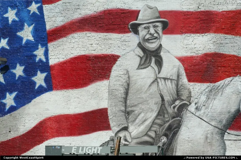 Wall painting featuring a gentleman in front of the American Flag.