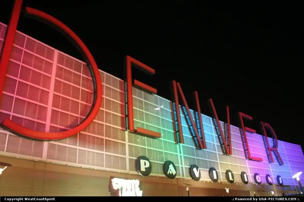 The famous Denver Pavilions sign in downtown Derner, here by night.