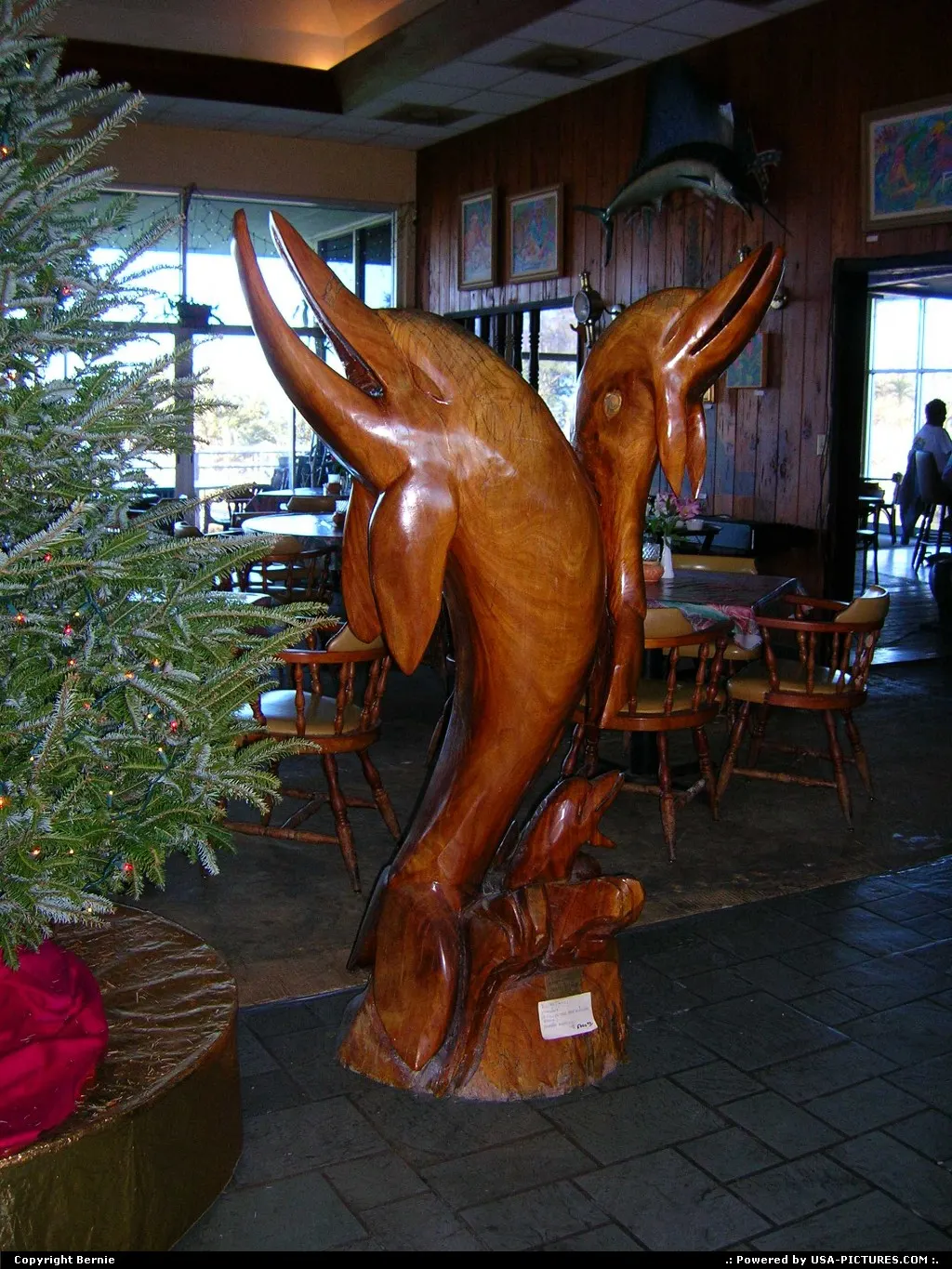 Wooden dolphins in this restaurant on Overseas Highway, heading to Key West