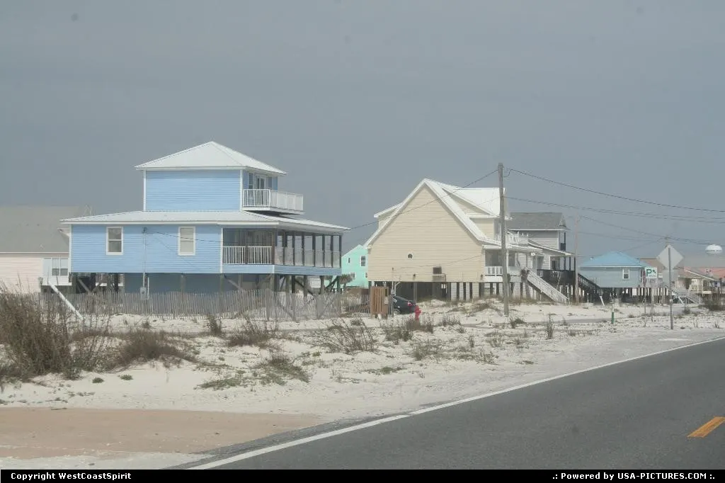 Beach houses on the strip of sand between Pensacola and Navarre Beach.