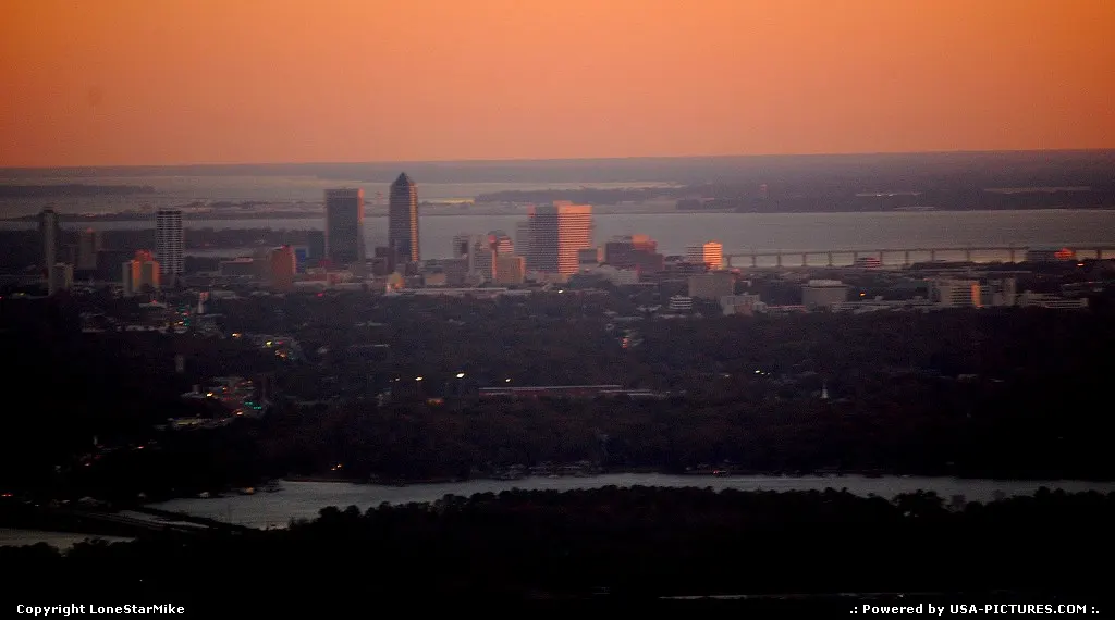 Jacksonville, FL Skyline at sunset on approach to JAX - Jacksonville International Airp...