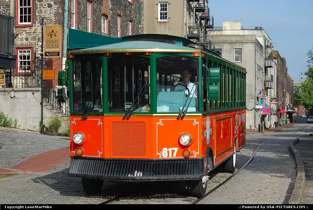 Close-up of tourist trolley in savannah, Ga Waterfront District