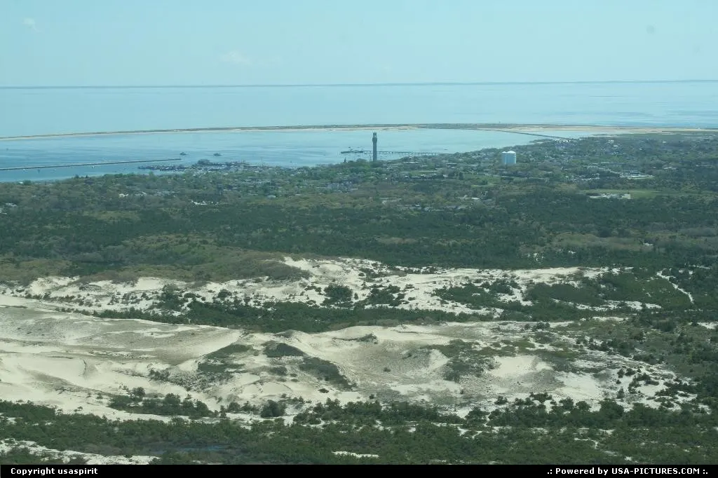 View of cape code from plane. At the botton provincetown