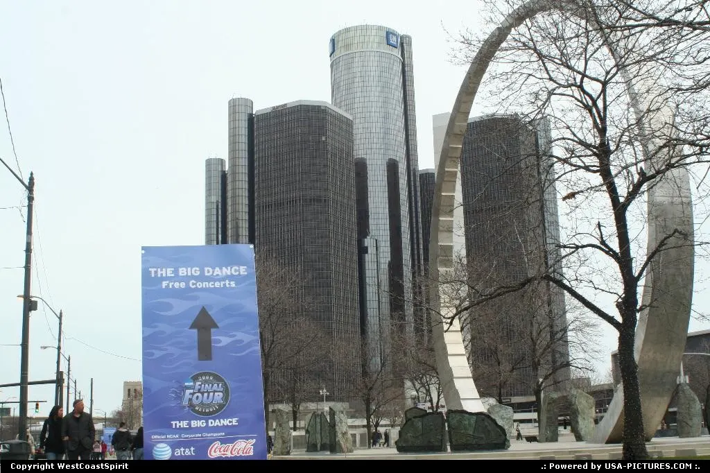 The Michigan Labor Legacy Landmark with the GM complex afar.