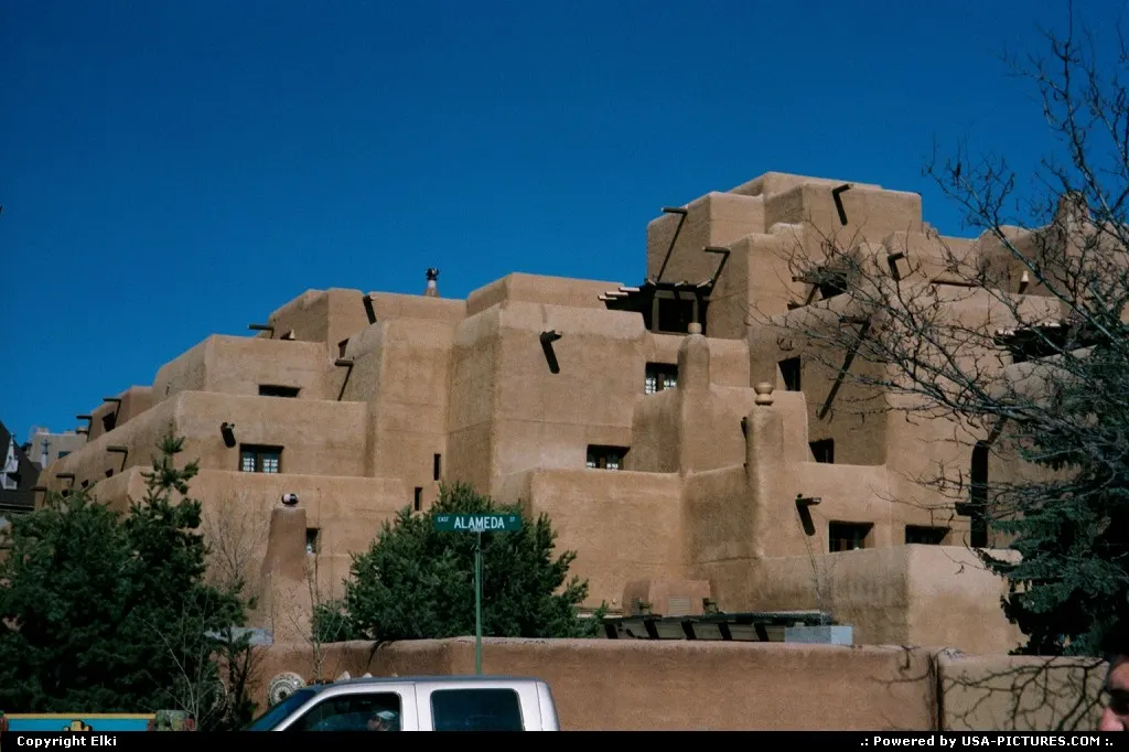 Downtown Santa Fe, with the adobe style building