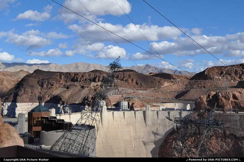 The Hoover Dam complex (part of from the roof of the parking lot.