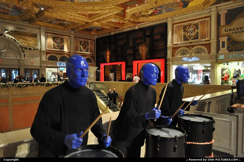 The blue man group performing in the Venitian Hotel and Casino on Las vegas Strip.