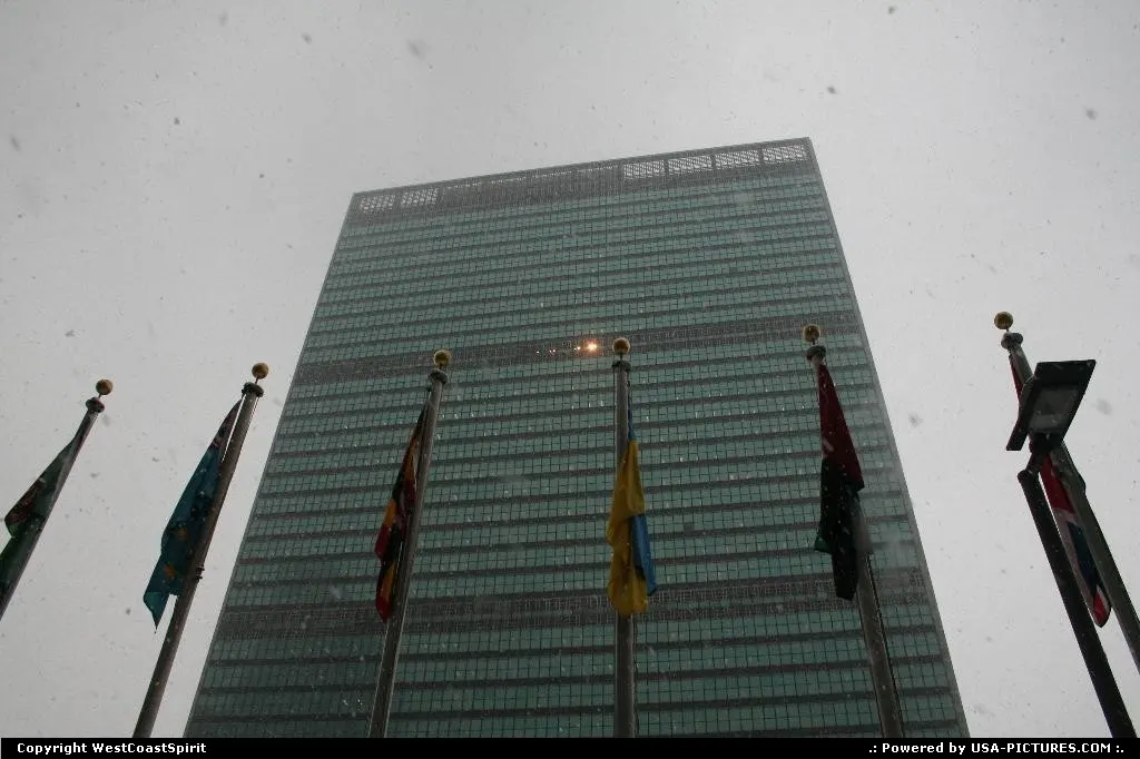 United Nations building in NYC, Manhattan. East River is behind.