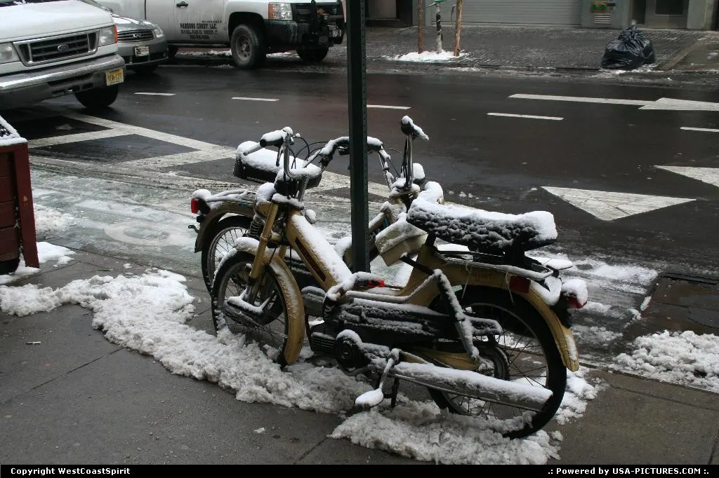 Moped under the snow in Chinatown, Manhattan.