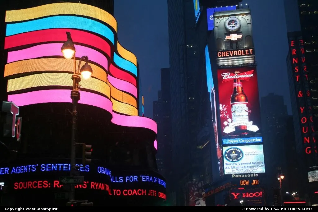Colorful Times Square by night and under the snow.