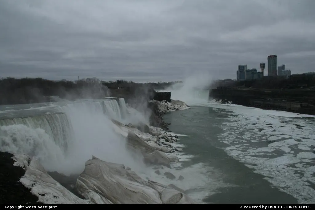 An global view of Niagara Falls area. Canada to the right, USA to the left