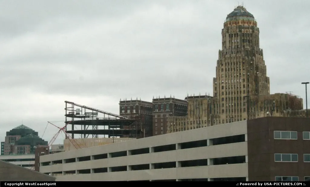 The very distinctive Art Deco Style City Hall of Buffalo, seen here from the freeway, e...