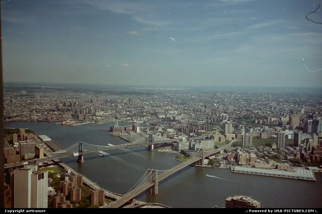 Brooklyn Bridge and Manhattan Bridge viewed from the top of the World Trade Center, an...