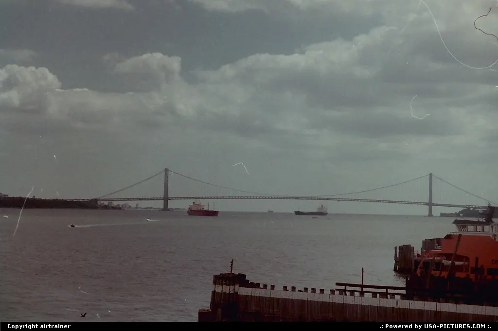 The Verazzano Bridge, seen from the Staten Island ferry pier.