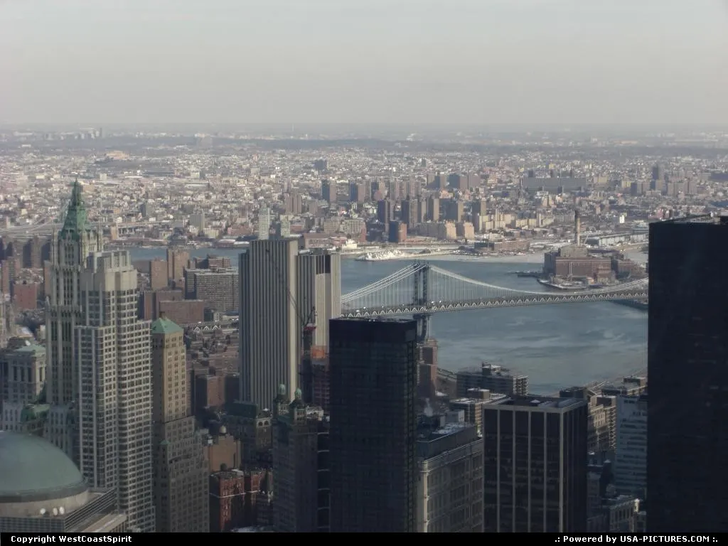 Lower Manhattan from above. East river to the right with the famous Brooklyn bridge