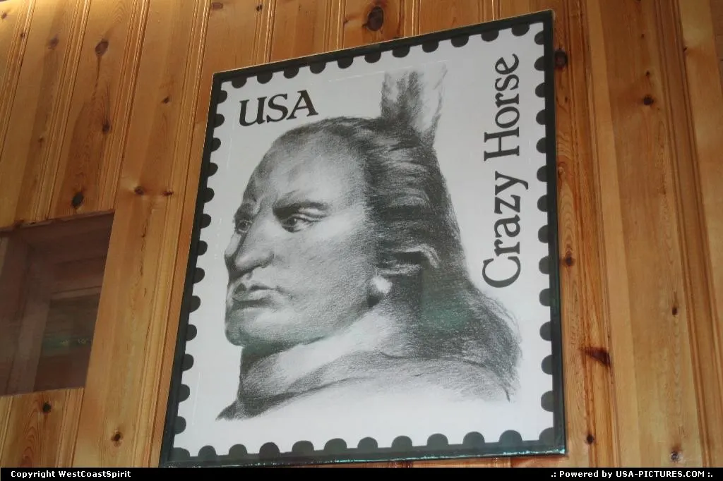 A portrait of Crazy Horse, proudly facing his territory on this stamp.
