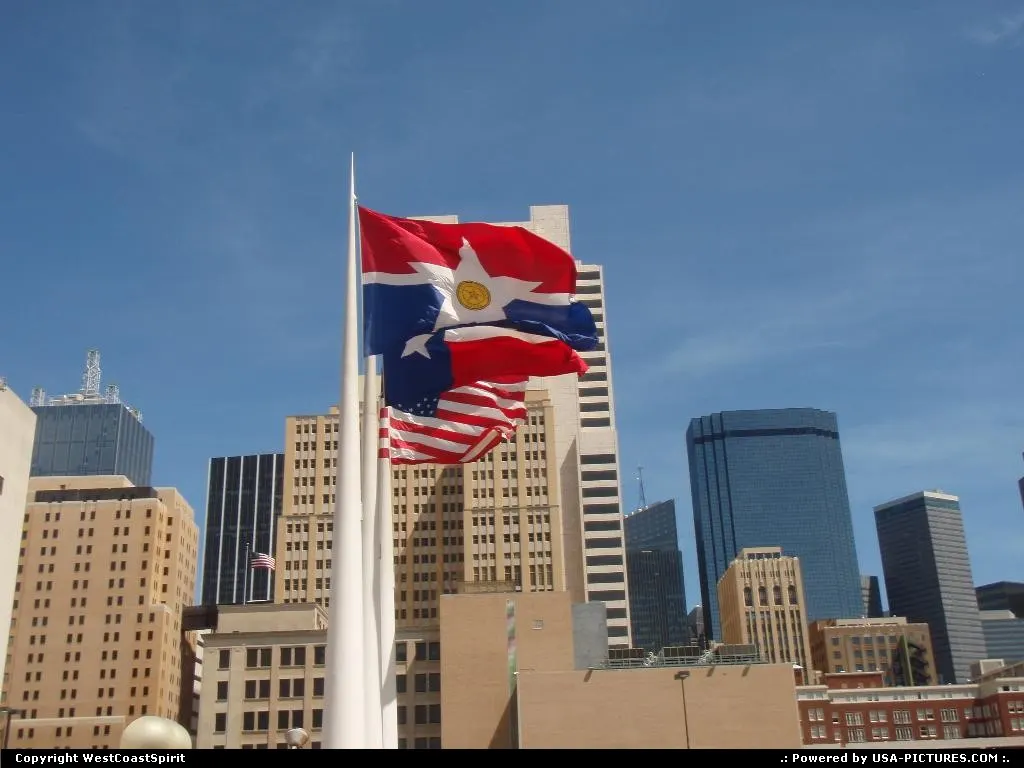 Three huge flags in front of the city hall : Dallas, Texas and United States of America