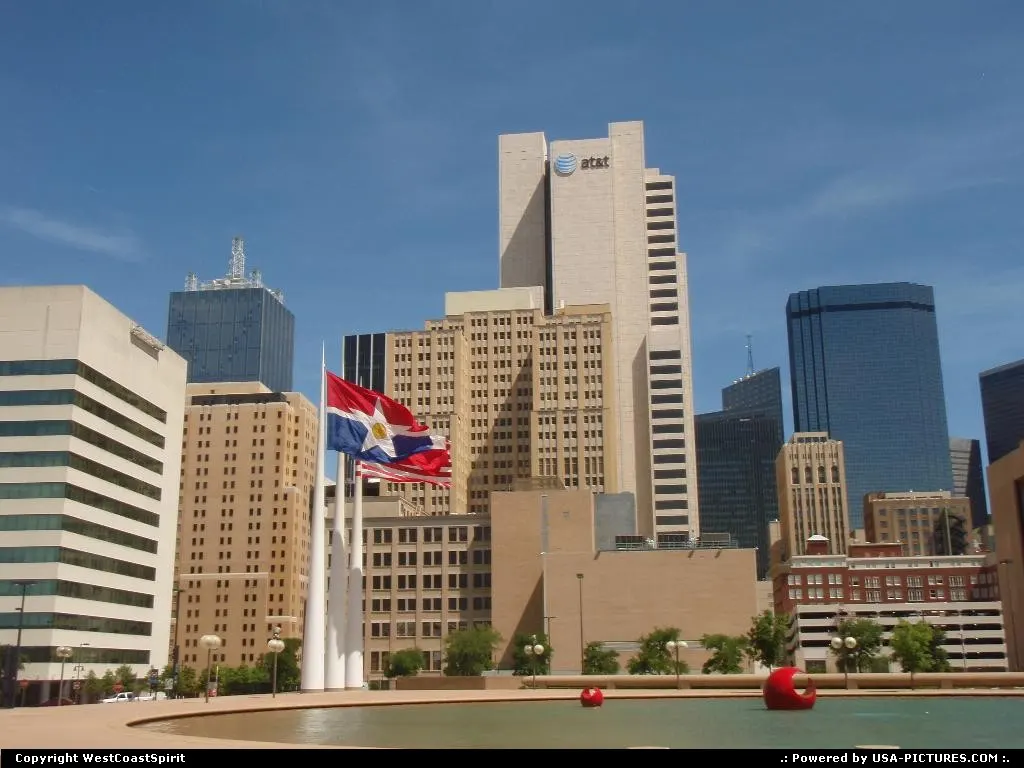 Downtown view from city hall. Nice flags and an huge fountain. A cool view of skyline, too
