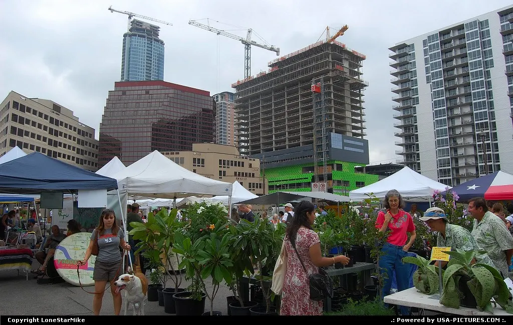 Austin's Farmers Market at Republic Squaare with nearby construction.