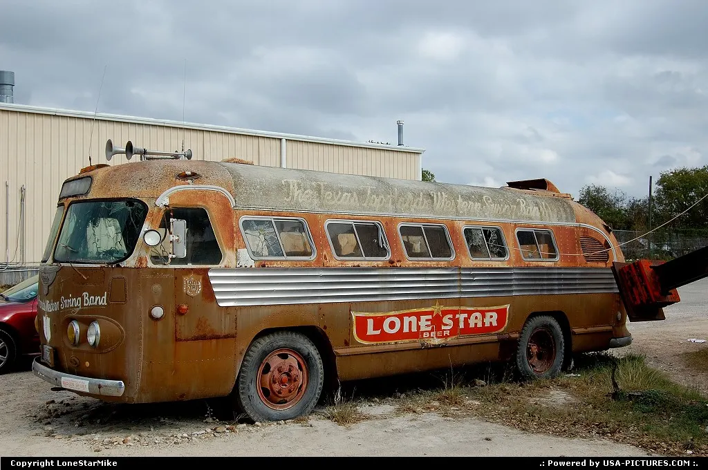 Lone Star Beer bus out in front of the Broken Spoke Lounge