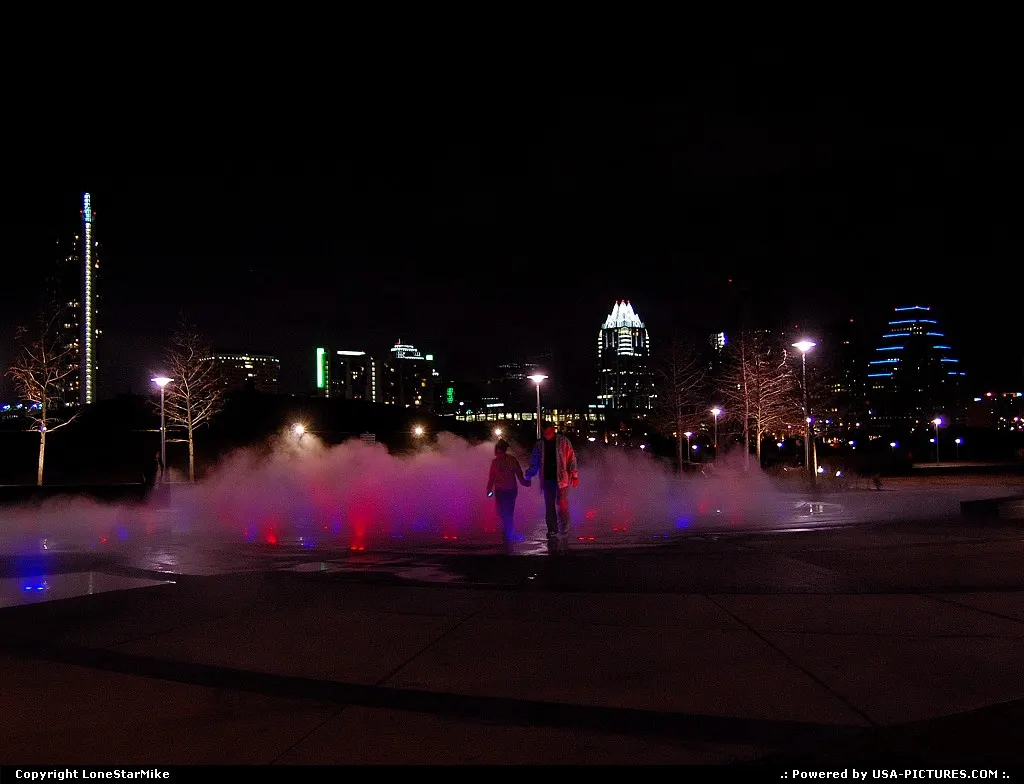 Fountains at Butler Park with skyline in the distance