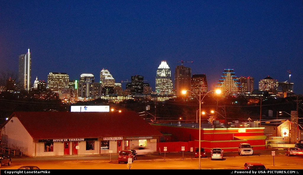 Skyline at night from Lamar Square Shopping Center