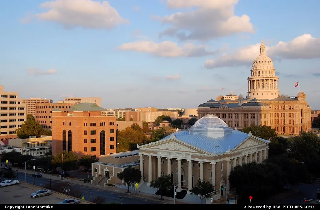 Texas State Capitol, State Office Buildings, and First Methodist Church from a parking...