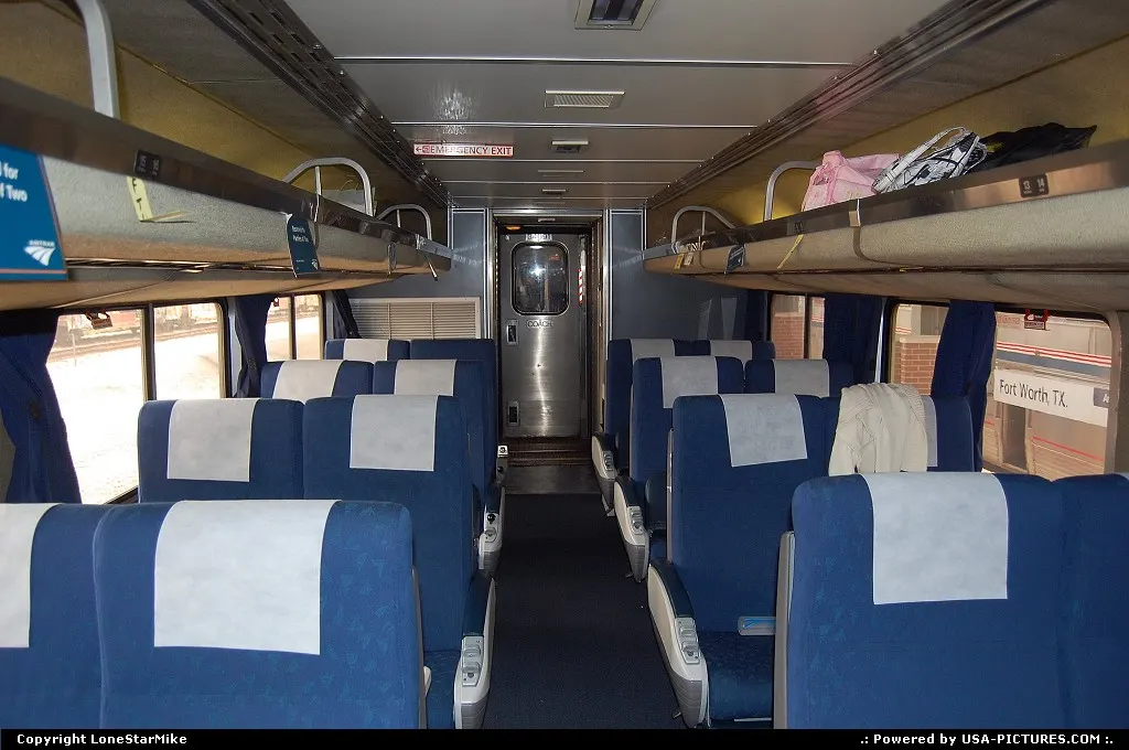Passenger coach on Amtrak's Texas Eagle while the train is stopped in Fort Worth.