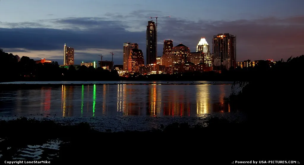 Skyline reflected on Lady Bird Lake taken from Joe's Crab Shack on E. Riverside Dr.