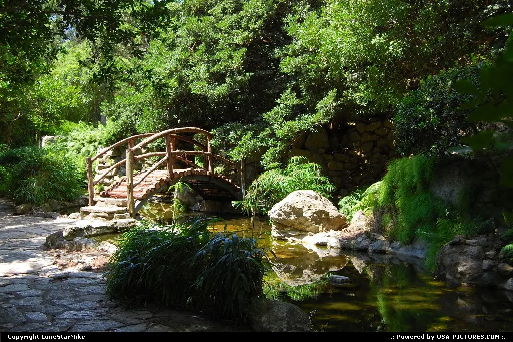 Isamu Taniguchi Japanese Garden in Zilker Botanical Gardens. The Togetsu-kyo bridge or
