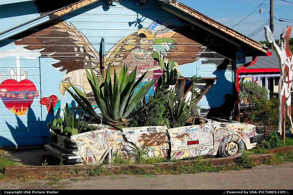 Old car recycled into a planter behind Planet K on South Lamar Blvd.