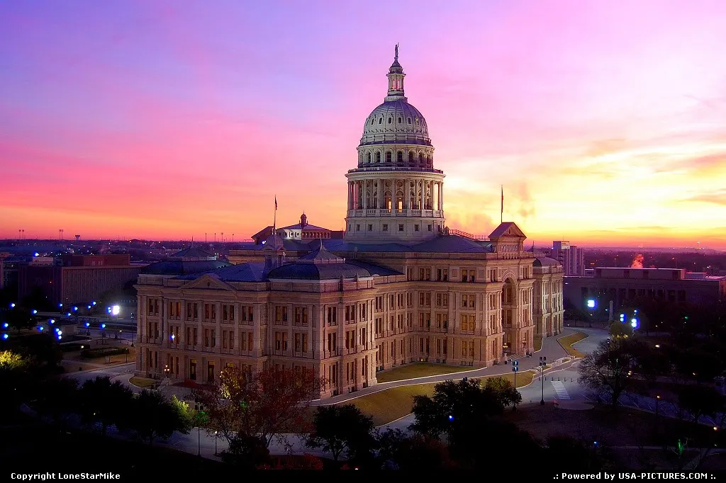 Texas State Capitol at sunrise from the 15th floor of Westgate Tower