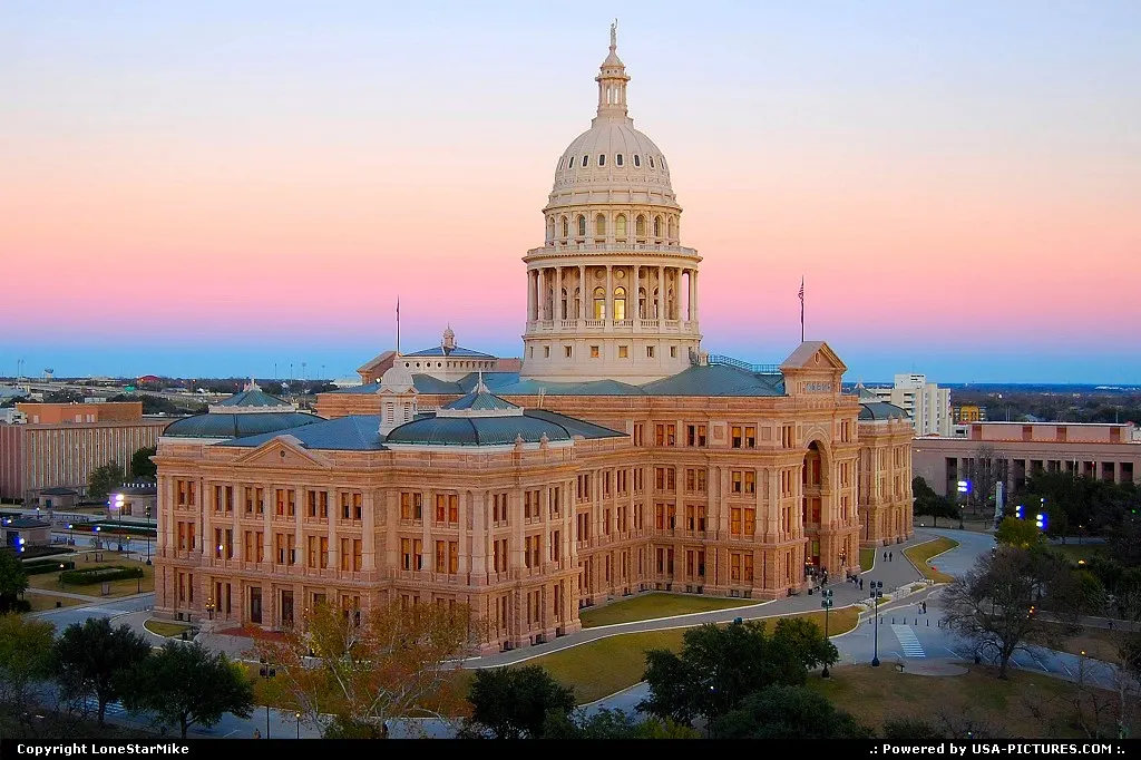 Texas State Capitol at sunset from the 15th floor of Westgate Tower