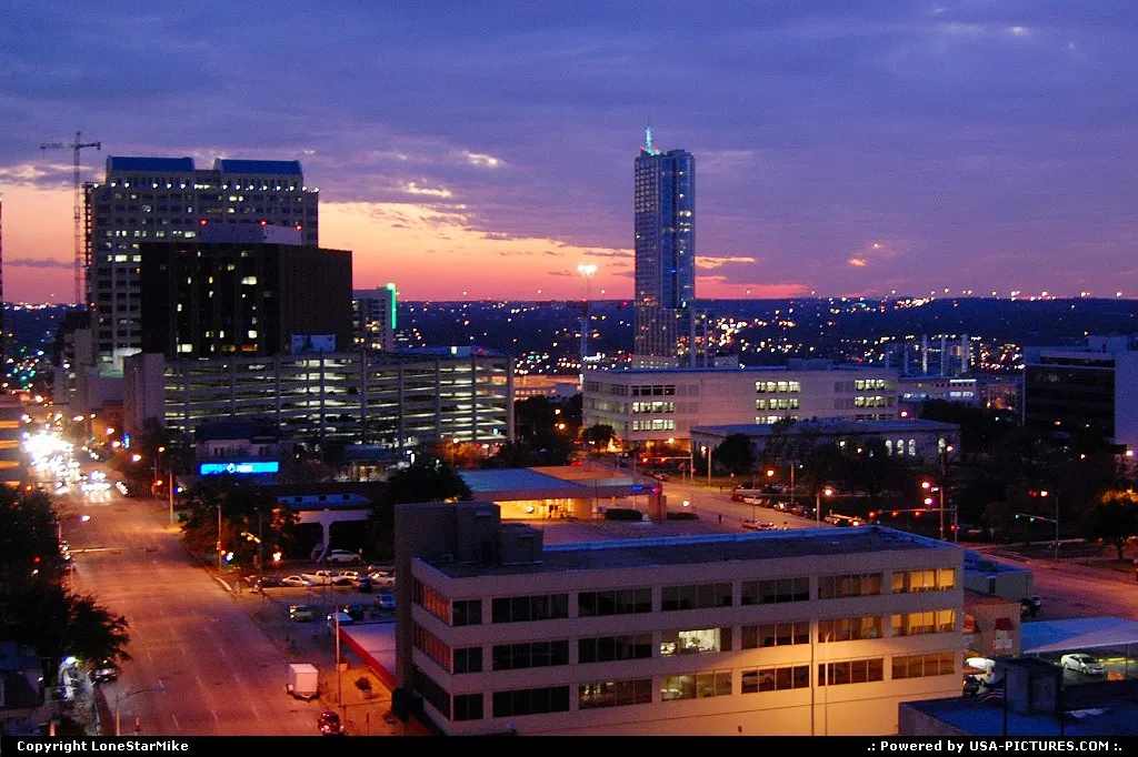 Austin skyline at sunset - New Year's Eve 2009 - from the 15th floor of Westgate Tower