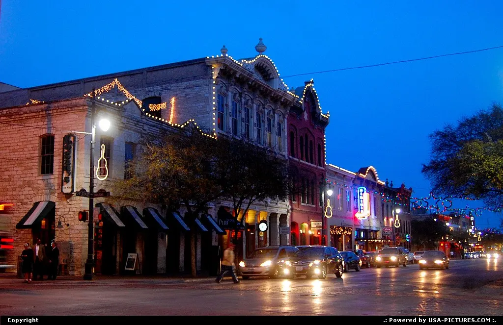 Sixth Street in Austin, TX at Christmas