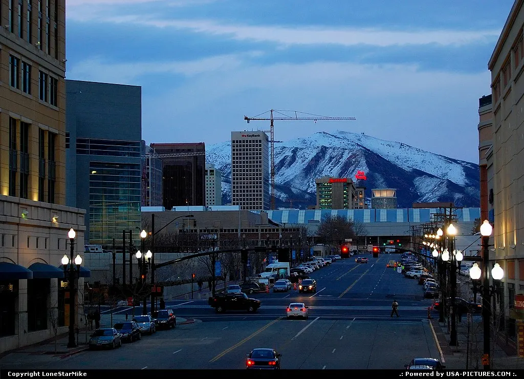 Downtown Salt Lake City at dusk from the Gateway Shopping Center
